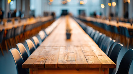 Long wooden table extends through the image, with rows of dark gray chairs on both sides. The image captures a large, empty dining area, the tables and chairs appearing well-maintained and stylish. The focus is predominantly on the table, while the background of other tables and patrons is slightly out of focus, creating a sense of depth and space.の素材
