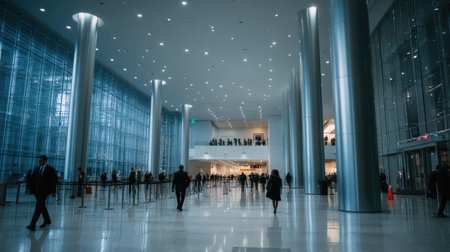 Wide indoor shot of a modern convention center or business building lobby, featuring tall metal columns, large glass windows, and a substantial number of individuals moving throughout the space. The polished floor reflects the light and the architecture.の素材