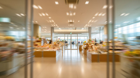 Modern and bright interior of a food market.  The space is well-lit, spacious, and features numerous displays of food items.  Light-colored flooring and shelving create a clean and open atmosphere.の素材