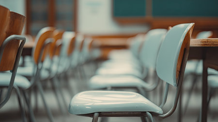 Close-up view of rows of light blue plastic chairs and light-colored wooden tables within a classroom space.  The chairs and tables are arranged in orderly rows. The image focuses on the chairs and tables from a slightly low angle, highlighting the perspective and general classroom design.の素材