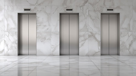 Full shot of a modern interior hallway with four stainless steel elevators set against a wall clad in white marble tiles. The floor is also covered with polished, white marble tiles, creating a sleek and contemporary atmosphere.の素材