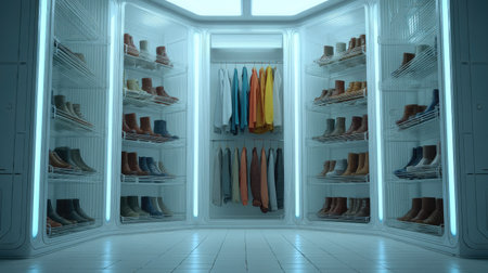 Futuristic wardrobe design with numerous shelves showcasing organized clothes and shoes. The interior is bathed in bright, cool lighting, creating a sleek and clean aesthetic.の素材