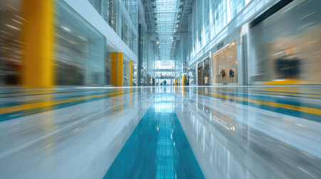 Modern shopping mall interior, featuring motion blur. The image highlights the building's architecture and design, showcasing the wide expanse of the mall and the retail spaces. The polished floor reflects the light and surroundings.の素材