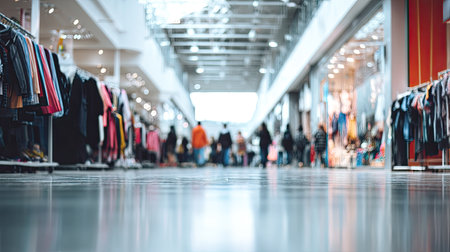 Perspective of a shopping mall's interior, showcasing clothing racks and blurred figures of shoppers moving through the space. The image emphasizes the spaciousness and the array of retail options available.の素材