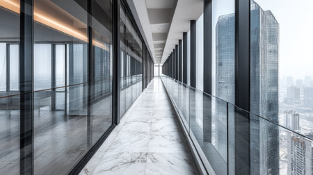 Long, empty hallway in a modern office building, with floor-to-ceiling windows offering a full view of a cityscape including skyscrapers. The hallway features a sleek, modern design with a marble floor and glass walls.の素材