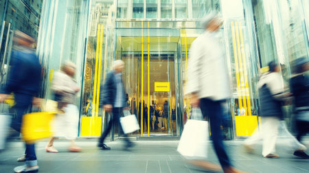 High-energy view of individuals moving quickly down a city street. The image features numerous pedestrians in a hurry, carrying shopping bags, and passing a modern glass-fronted store. The motion blur highlights the fast-paced nature of the scene, creating a dynamic and vibrant urban atmosphere.の素材