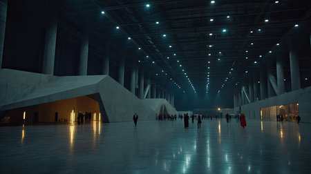 Large, modern convention center interior, with polished concrete floors and high ceilings.  The space is lit by numerous recessed lights, creating a dramatic atmosphere.  Several people are seen walking throughout the space.  The overall feel is one of modernity and emptiness, suitable for a large exhibition or conference venue.の素材