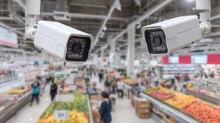 High-angle, slightly blurry view of a security camera mounted in a large supermarket.  Numerous people are seen walking in various areas of the supermarket.  The supermarket's interior and produce displays are faintly visible in the background.の素材