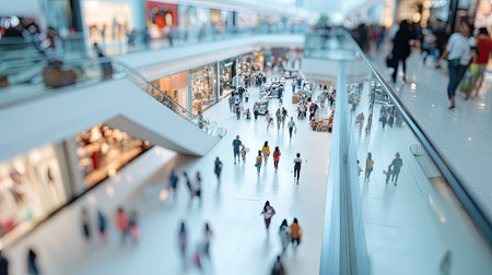 High-angle shot of a large, modern shopping mall with numerous people walking through its open, brightly lit interior.  The image captures a bustling atmosphere with various levels and escalators connecting different sections of the mall.の素材