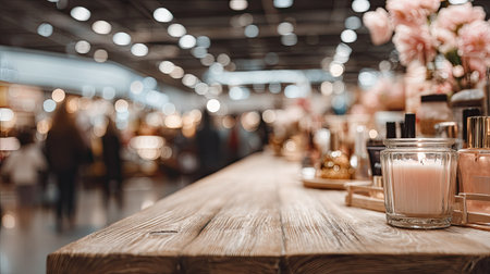 Wooden table in a bustling shopping area, featuring a decorative candle in a glass container, with the interior of the shop out of focus in the background.  The warm lighting and gentle focus on the candle create a calming atmosphere.の素材