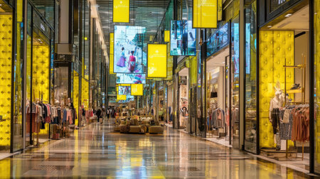 Wide, bright interior view of a modern shopping mall.  Displays of clothing and other merchandise are visible in the shop windows, and the ceiling is high with a variety of light sources.  The walkway is spacious and paved with polished stone.の素材