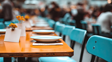 Row of empty tables set for a meal outdoors at a restaurant.  The tables are light orange-brown wood with white plates and napkins.  The chairs are a light teal or turquoise color. Small, dried, yellow flowers are in small white containers.  A blurred background shows people sitting at other tables.の素材