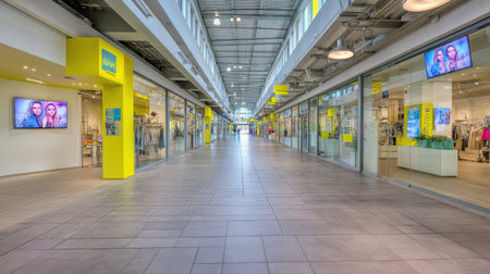 Long, empty shopping arcade with glass-fronted stores. The interior is brightly lit and features a light beige tiled floor and yellow store fronts.の素材