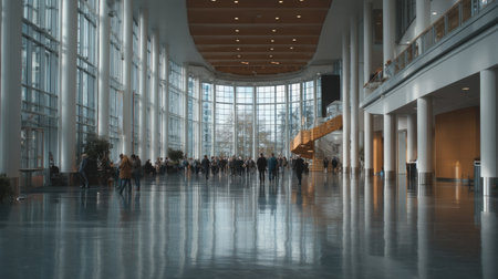 Spacious, modern interior hall with large windows, reflecting a multitude of people moving through. The smooth floor reflects the light and structure of the building.の素材