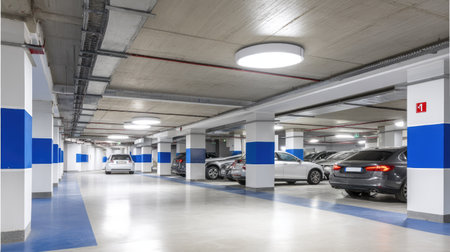 Indoor parking garage, featuring multiple parked vehicles, highlighted by a bright, modern aesthetic and a spacious interior design.  The garage displays well-maintained white columns and a clean, light-colored floor.  The layout is organized and easy to navigate.  Blue accents are strategically placed, complementing the overall ambiance.の素材