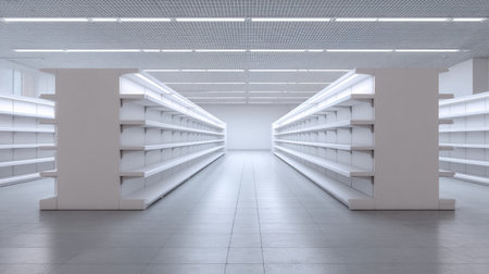 Long, empty supermarket aisle with rows of white shelving. The lighting is bright, and the floor is a light gray tile.の素材