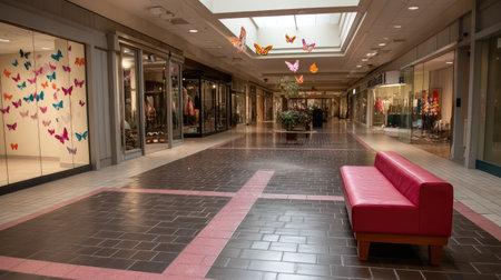 Long, empty walkway in a shopping mall.  Colorful butterfly decorations are hung from the ceiling above the shop windows.  A red bench sits near the center of the image.  The floor is made of dark-colored tiles.の素材