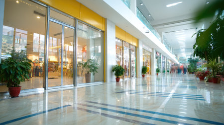 Brightly lit, spacious indoor shopping arcade with numerous stores visible through large glass storefronts.  Plants are placed in decorative planters throughout the area.  The polished marble floors and bright lighting create a clean and upscale atmosphere.の素材