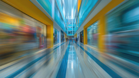 Dynamic perspective of a shopping mall hallway, with motion blur creating a sense of speed and movement. The image showcases vibrant colors, and modern architectural design features. People are barely visible, blending into the motion blur.の素材