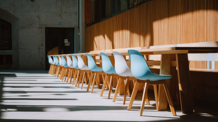 Long row of light blue and white plastic chairs are arranged in front of a long wooden table in a modern interior space. Sunlight streams into the room, casting shadows on the floor.の素材