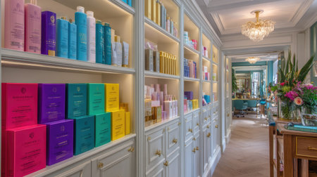 Well-organized beauty salon with numerous shelves stocked with colorful hair care products. The interior design is elegant and stylish, creating a welcoming and sophisticated atmosphere. The lighting is bright and accentuates the well-arranged displays of the products.の素材