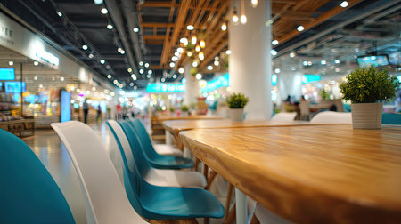 Bright and airy food court interior, showcasing light wooden tables and turquoise chairs.  The background subtly displays a shopping mall environment, blurring the focus on the eating area.の素材
