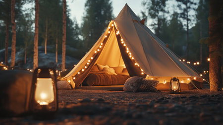 glamping tent with fairy lights, cozy cushions and lanterns in forest setting --chaos 30 --ar 16:9 --v 6.1 Job ID: db480296-5dca-47c7-a637-2173874cc633の素材
