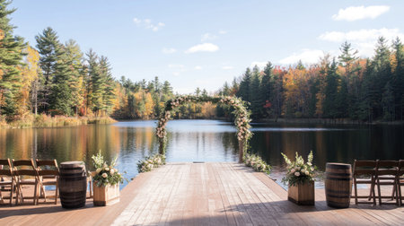 lakefront ceremony site with wooden dock aisle and floral arch over water --chaos 30 --ar 16:9 --v 6.1 Job ID: 11af0ab0-217f-43e5-896e-933e56fca77fの素材