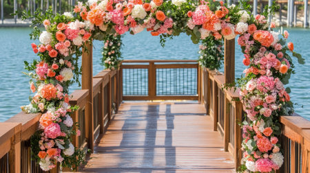 lakefront ceremony site with wooden dock aisle and floral arch over water --chaos 30 --ar 16:9 --v 6.1 Job ID: 11af0ab0-217f-43e5-896e-933e56fca77fの素材