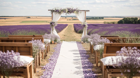 lavender field ceremony setup, purple floral accents and French countryside mood --chaos 30 --ar 16:9 --v 6.1 Job ID: c9f0b413-c760-4b7d-a207-c73dbff96024の素材