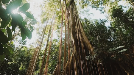 jungle vines hanging from trees in deep tropical forest, cinematic composition --chaos 30 --ar 16:9 --v 6.1 Job ID: 89faee27-20a2-42a7-be3f-fa5509cf6e0aの素材