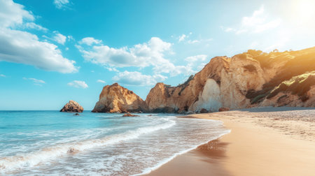 long beach shoreline with tall cliffs, vibrant water and bright sky --chaos 30 --ar 16:9 --v 6.1 Job ID: 1132289d-2631-483d-b509-ee242e6b967bの素材
