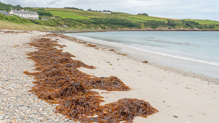 low tide beach with exposed seaweed and tide pools, cloudy atmosphere --chaos 30 --ar 16:9 --v 6.1 Job ID: 4e9537a8-ec6f-4ebc-b184-edf8712723adの素材