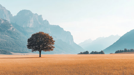 lone tree standing in a wide golden field, mountains in distance --chaos 30 --ar 16:9 --v 6.1 Job ID: fe936c3a-741d-4ffc-b73f-a6c6ef338944の素材