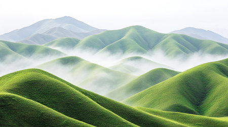 low-lying mist in green rustic hills, cinematic landscape, tranquil --chaos 30 --ar 16:9 --v 6.1 Job ID: 2611e2c8-d8fe-49ca-8d2c-4f5b79844b52の素材