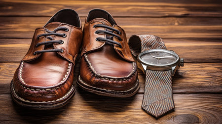 leather shoes, tie, and vintage watch arranged for Father's Day gift display --chaos 30 --ar 16:9 --v 6.1 Job ID: c3c771c5-68f0-4968-a51e-40dd829df1b5の素材