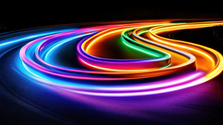 light trails in vibrant colors creating dynamic curves across a dark background, glowing softly --chaos 30 --ar 16:9 --v 6.1 Job ID: 2fdc651a-2d1c-448f-8563-ff3c0bb1887aの素材