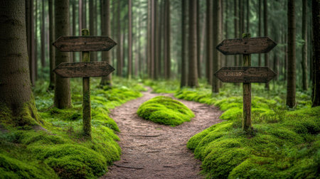 lush green forest trail with wooden signs, soft moss on sides --chaos 30 --ar 16:9 --v 6.1 Job ID: 5fd0caae-eb78-4ba5-9435-621e3b8c57fcの素材