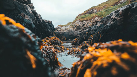 low tide beach with exposed seaweed and tide pools, cloudy atmosphere --chaos 30 --ar 16:9 --v 6.1 Job ID: 4e9537a8-ec6f-4ebc-b184-edf8712723adの素材