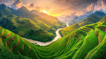 lush rice terraces cascading down hillsides, clouds hugging the mountain tops --chaos 30 --ar 16:9 --v 6.1 Job ID: 3cef519d-39f6-4187-a063-7e16f0e04cc3の素材