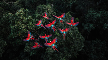 macaws flying through jungle canopy, colorful feathers mid-flight --chaos 30 --ar 16:9 --v 6.1 Job ID: 38eba4f6-80f0-4ae0-b77c-96af58c358b3の素材