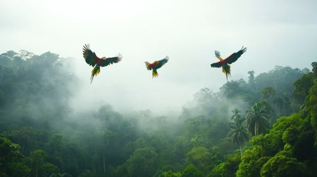 macaws flying through jungle canopy, colorful feathers mid-flight --chaos 30 --ar 16:9 --v 6.1 Job ID: 38eba4f6-80f0-4ae0-b77c-96af58c358b3の素材