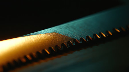 macro shot of saw blade edge reflecting sunlight, artistic summer framing --chaos 30 --ar 16:9 --v 6.1 Job ID: 0945dbad-6671-48ad-8cc3-abb06015cc29の素材