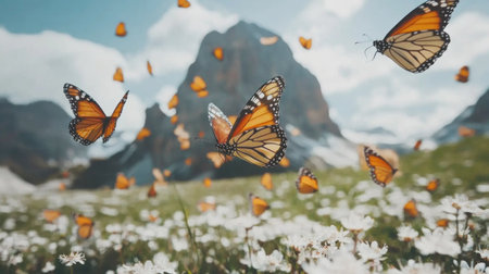monarch butterfly migration over mountain valley, wide scenic view --chaos 30 --ar 16:9 --v 6.1 Job ID: 719e4a4e-c3fb-4da6-b87a-bca9fe46d53bの素材