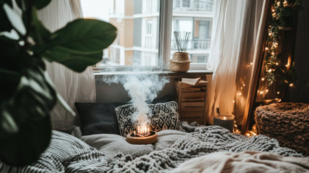 minimalistic meditation corner with soft lighting, plush cushions, and incense, perfect for self-care and mindfulness --chaos 30 --ar 16:9 --v 6.1 Job ID: 28099655-ff3f-4d09-88b5-9a095d87a617の素材