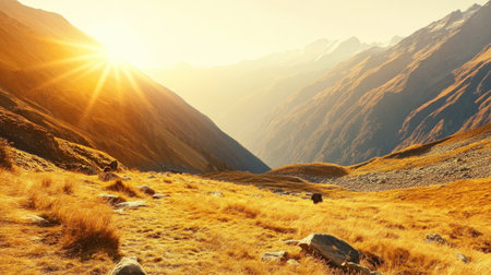 mountain landscape with a warm golden light, representing personal growth and mental well-being --chaos 30 --ar 16:9 --v 6.1 Job ID: 444cc343-0adb-4fa7-a841-f01375635302の素材