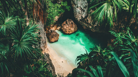 narrow beach cove surrounded by volcanic rocks and lush greenery --chaos 30 --ar 16:9 --v 6.1 Job ID: f2a0efb1-af1c-4f03-a98c-273c0ebdcfb0の素材