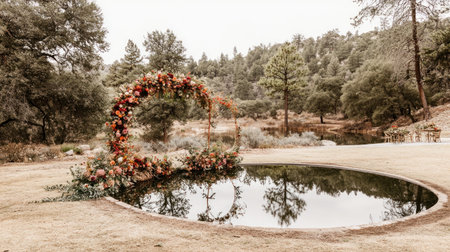 mountain lake ceremony site, floral arch with mirror reflection in still water --chaos 30 --ar 16:9 --v 6.1 Job ID: a5b0e221-b07a-4e0d-aff1-bb1ea972341fの素材