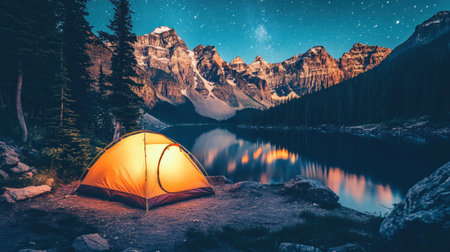 mountain lake reflecting stars, tent glowing warmly on the shore --chaos 30 --ar 16:9 --v 6.1 Job ID: f4bc72dc-2197-4d6f-8333-7de41124060dの素材