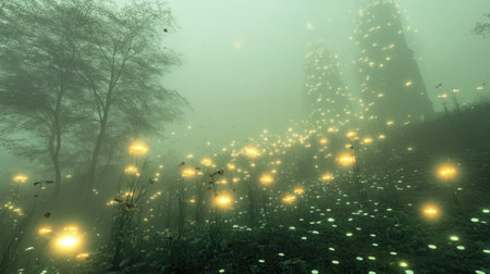 music festival ruins reclaimed by nature, overgrown vines and glowing remnants --chaos 30 --ar 16:9 --v 6.1 Job ID: fc81d1c6-713c-44af-a4e7-fd5114d350d7の素材